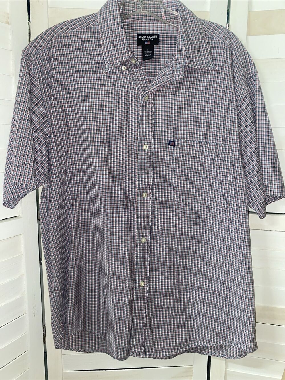 Ralph Lauren Jeans Co Shirt Men’s Button Up Gray Plaid Casual Short Sleeve Med